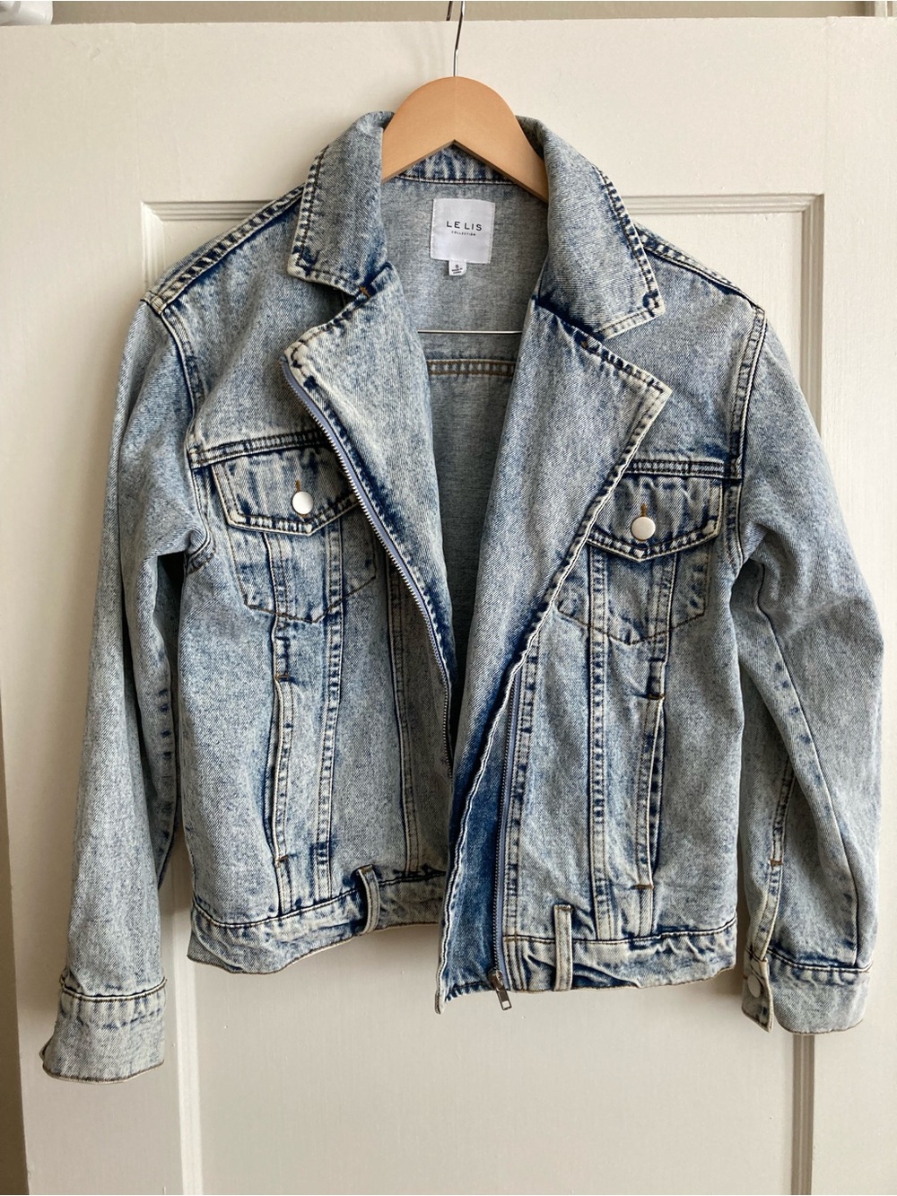 Le Lis Light Acid Wash Denim Moto Jacket - Pale Blue